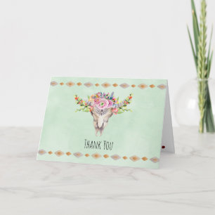 Boho Tribal Cow Skull Stylish Flowers Thank You Card