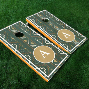 Boho Tribal Dark Green Monogram Cornhole Set