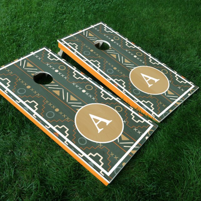 Boho Tribal Dark Green Monogram Cornhole Set (Creator Uploaded)