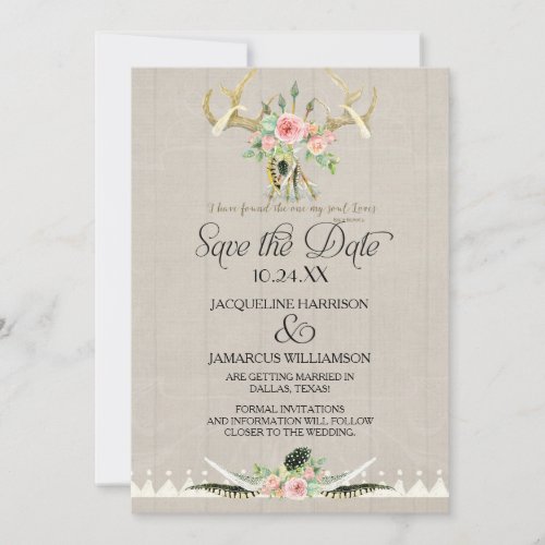 BOHO Tribal Deer Antler Feathers Art Save the Date Invitation