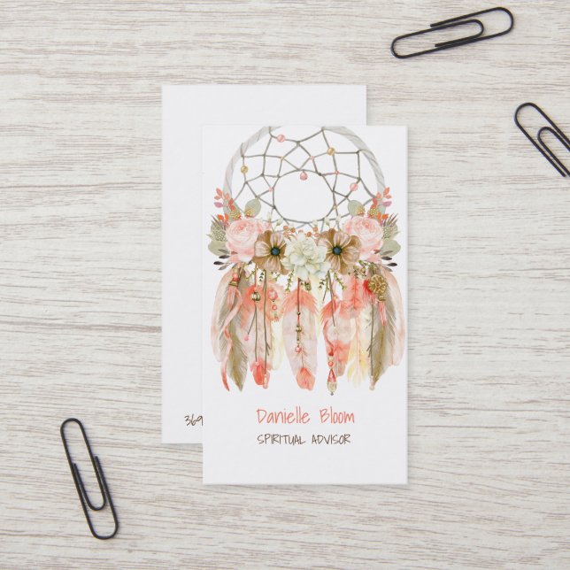 Boho Tribal Dream Catcher Arrows Feathers Flowers Business Card (Front/Back In Situ)