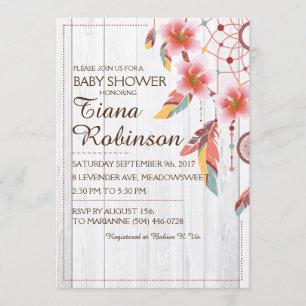 Boho Tribal Dream Catcher Floral Pink Rustic RSVP Invitation