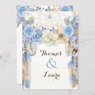 Boho Tribal Dream Catcher Watercolor Blue Beige Invitation