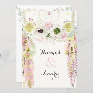 Boho Tribal Dream Catcher Watercolor Pink Yellow Invitation