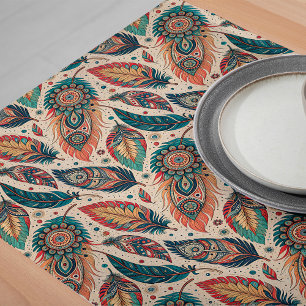 Boho Tribal Ethnic Table Runner Rustic Feathers
