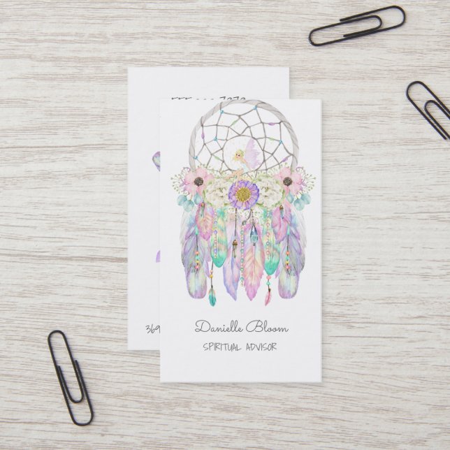 Boho Tribal Fairy Dream Catcher Arrows Feathers Business Card (Front/Back In Situ)