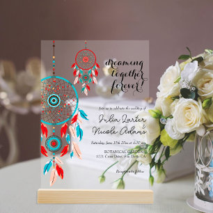 Boho Tribal feather Dreamcatcher Wedding Acrylic Invitations