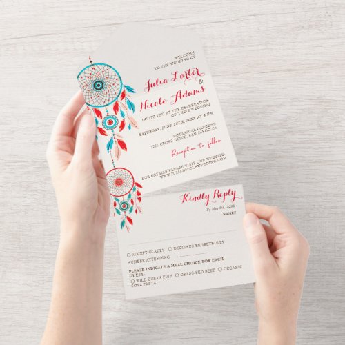 Boho Tribal feather Dreamcatcher Wedding All In One Invitation