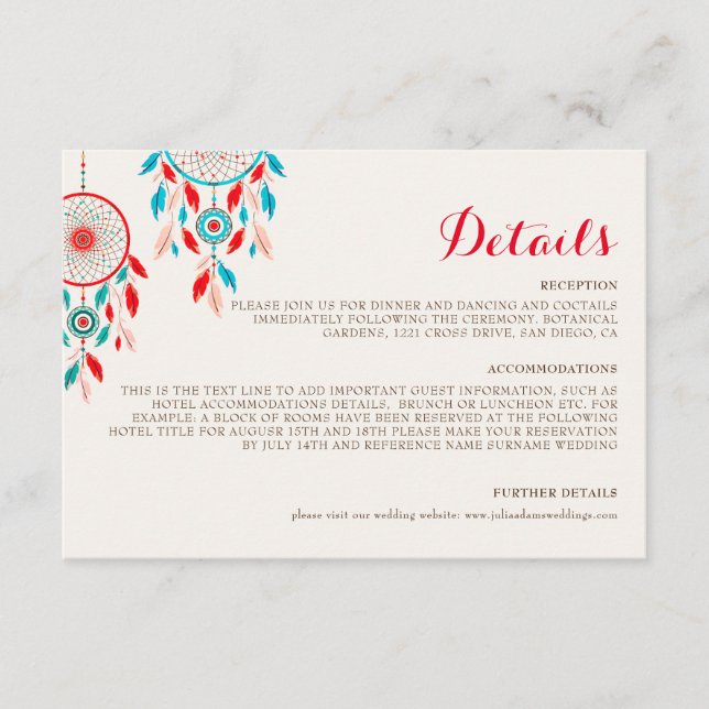 Boho Tribal feather Dreamcatcher Wedding Enclosure Card (Front)