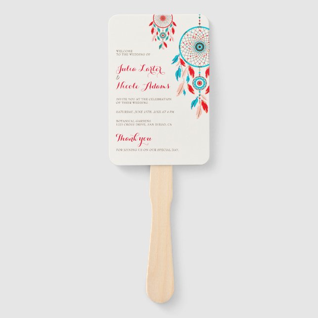 Boho Tribal feather Dreamcatcher Wedding Hand Fan (Front)