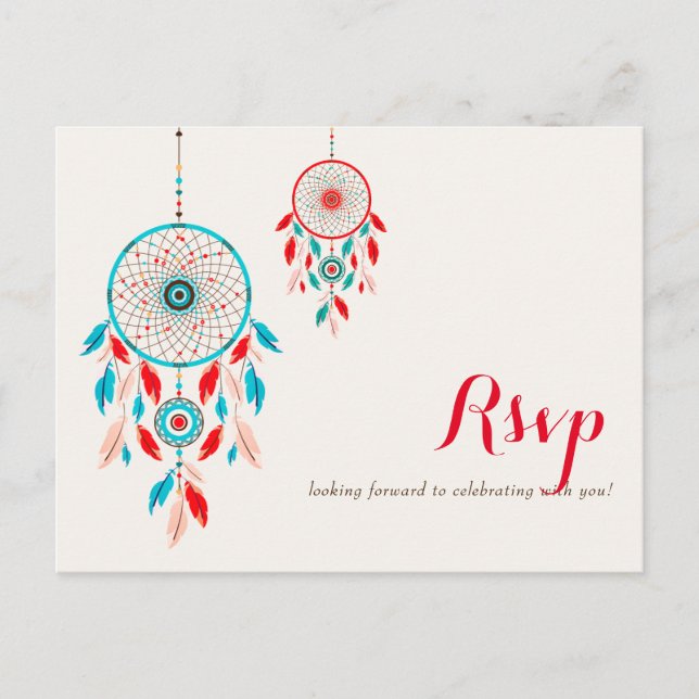 Boho Tribal feather Dreamcatcher Wedding Postcard (Front)