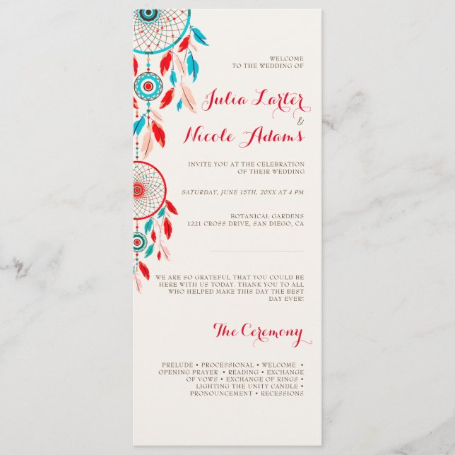 Boho Tribal feather Dreamcatcher Wedding Program (Front)