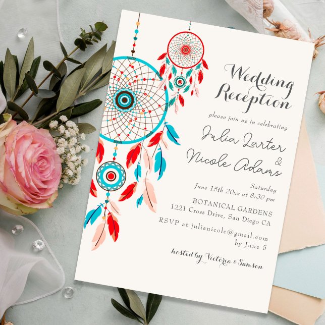 Boho Tribal feather Dreamcatcher Wedding Reception Invitation (Creator Uploaded)