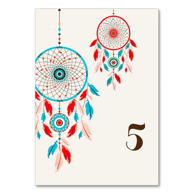 Boho Tribal feather Dreamcatcher Wedding Table Number (Front)