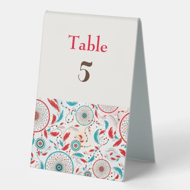 Boho Tribal feather Dreamcatcher Wedding Table Tent (Front)