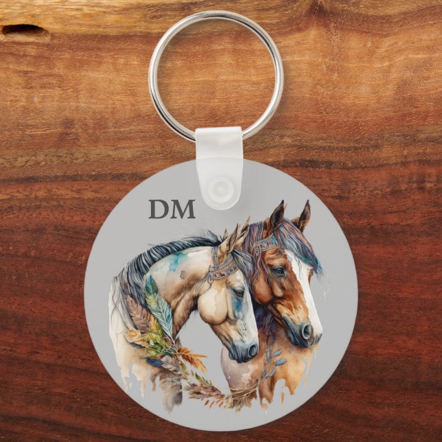 Boho Tribal Feather Horses Keychain (Front)