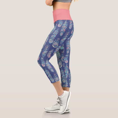 Boho Tribal Feathers Classic Blue Pink White Capri Leggings