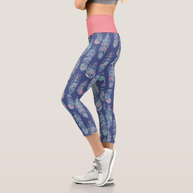Boho Tribal Feathers Classic Blue Pink White Capri Leggings (Left)