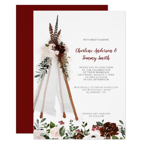 Boho Tribal Feathers Floral Bouquet Teepee Wedding Invitation