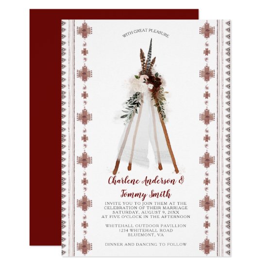 Boho Tribal Feathers Floral Teepee Wedding | Invitation