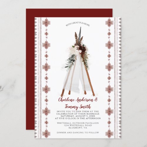 Boho Tribal Feathers Floral Teepee Wedding  Invitation