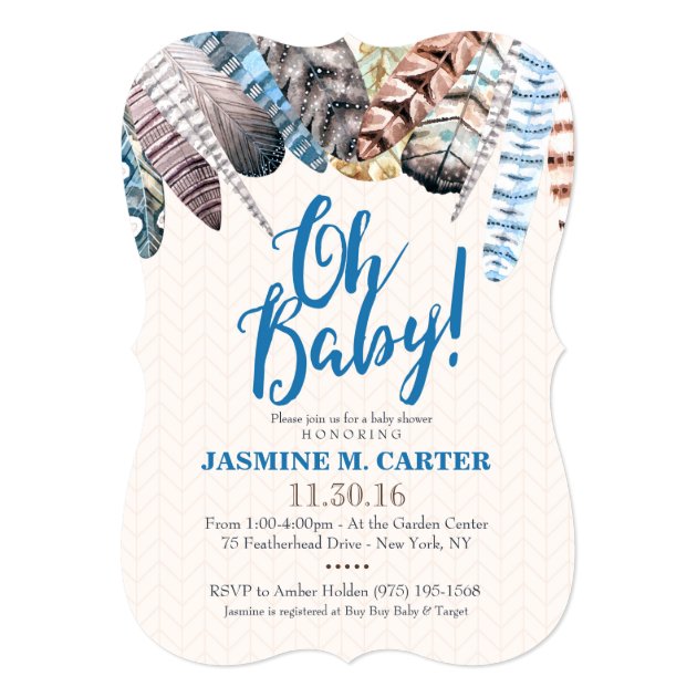 Boho Tribal Feathers Watercolor | Baby Shower Boy Invitation