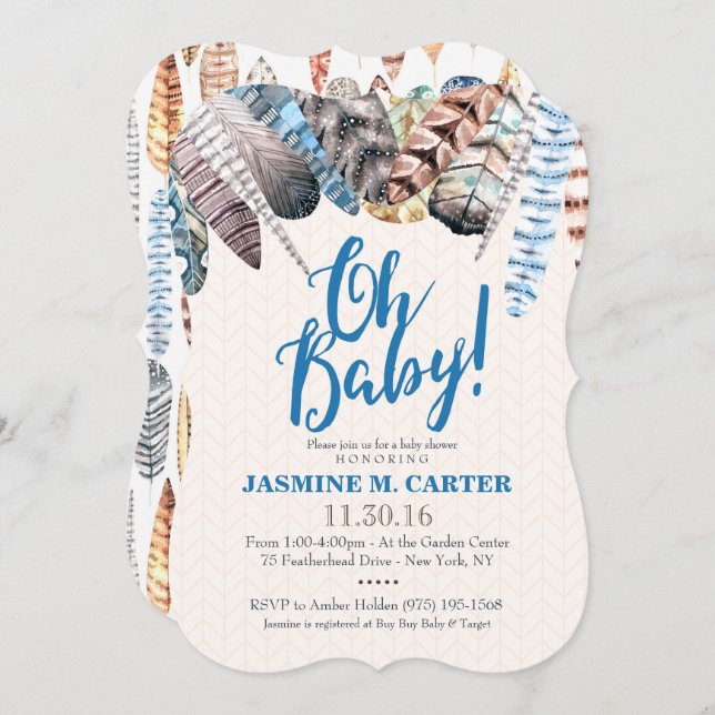 Boho Tribal Feathers Watercolor | Baby Shower Boy Invitation (Front/Back)