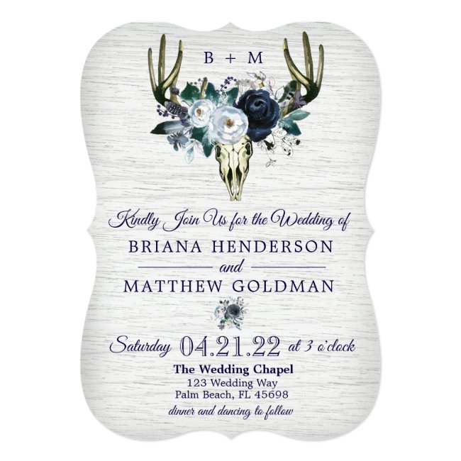 Boho Tribal Floral Antlers Wedding Invitation Navy