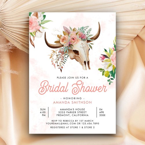 Boho Tribal Floral Cow Skull Bridal Shower Invitation