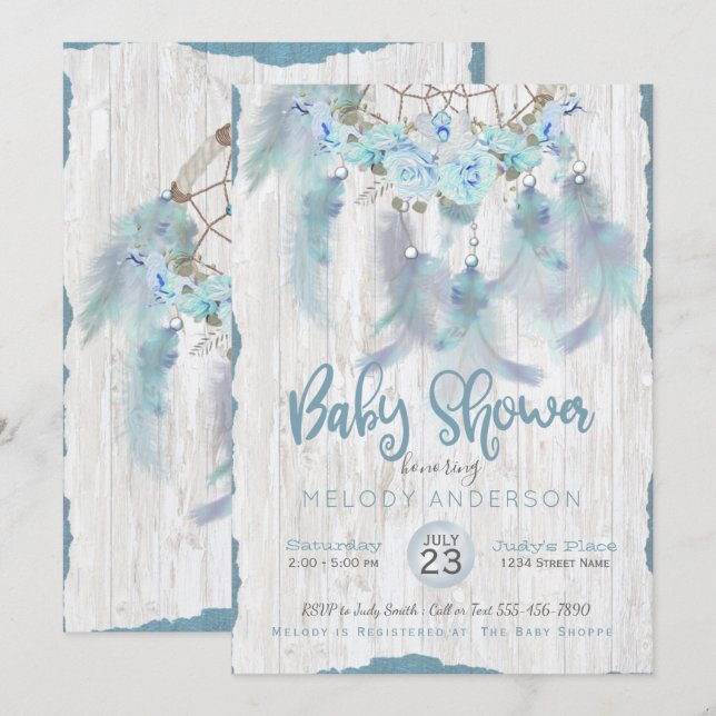 BOHO Tribal Floral Dream Catcher Blue Baby Shower Invitation (Front/Back)
