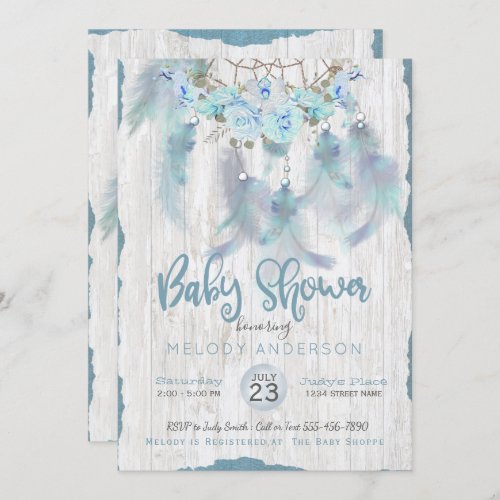 BOHO Tribal Floral Dream Catcher Blue Baby Shower Invitation