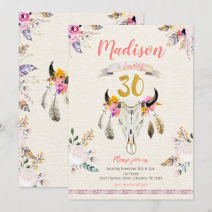 Boho Tribal Floral Skull 30th Birthday Invitation