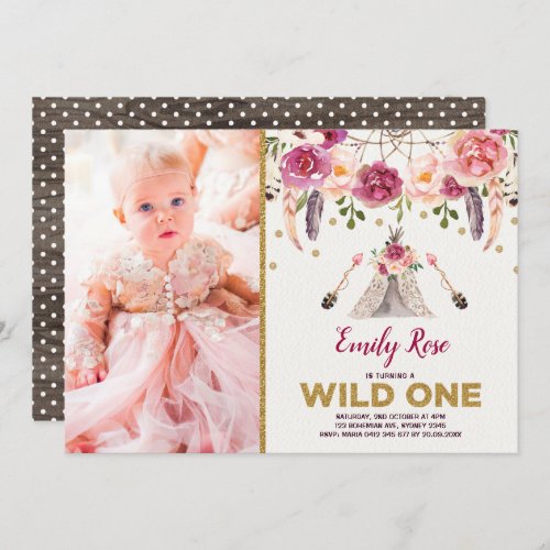 Boho Tribal Floral Wild One Birthday Dreamcatcher Invitation