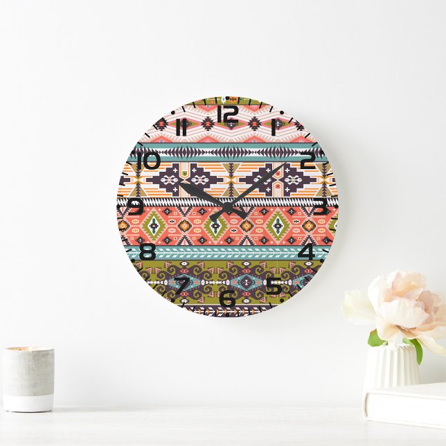 Boho Tribal Geometric Pattern Southwestern Aztec  Large Clock (Creator Uploaded)