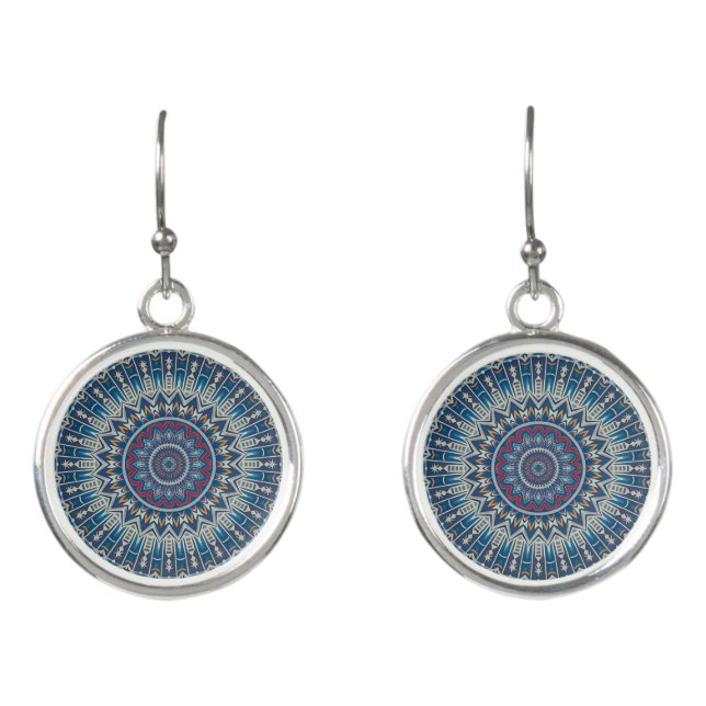Boho Tribal Inspired Geometric Blue Mandala Earrings (Front)