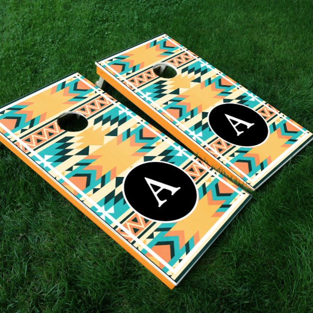 Boho Tribal Native Aztec Pattern Orange Monogram Cornhole Set (Creator Uploaded)