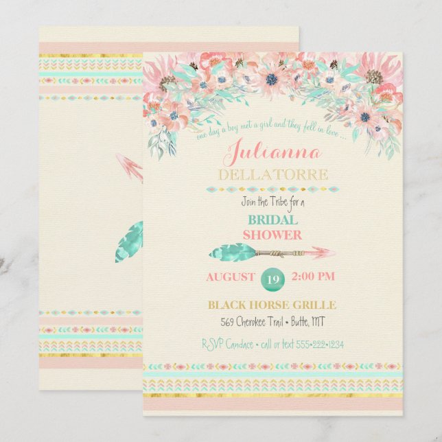 Boho Tribal Peach Mint Arrow Floral Watercolors Invitation (Front/Back)