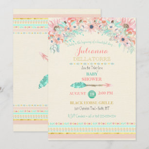 Boho Tribal Peach Mint Arrow Floral Watercolors Invitation