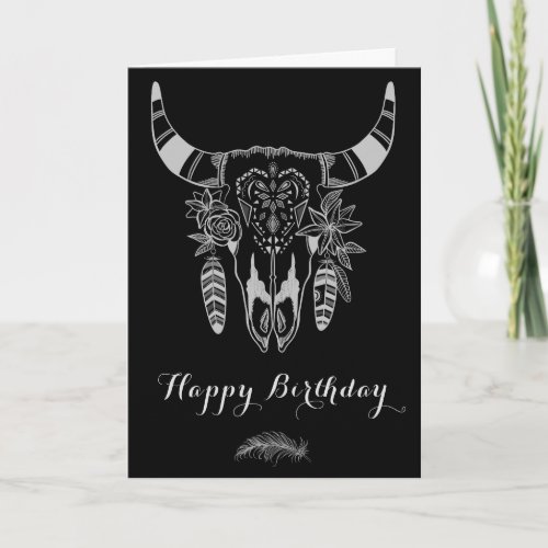 Boho Tribal Skull Black n White Bohemian Birthday Card