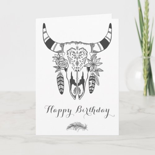 Boho Tribal Skull Grey and White Bohemian Birthday Card