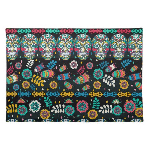 Boho tribal skulls colorful pattern cloth placemat