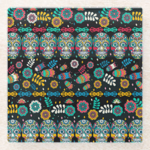Boho tribal skulls: colorful pattern. glass coaster