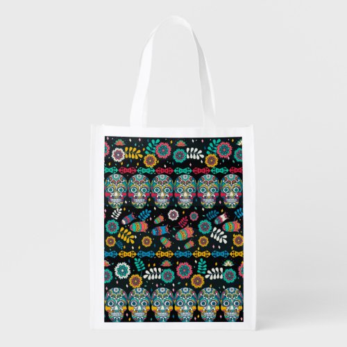 Boho tribal skulls colorful pattern grocery bag