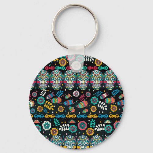 Boho tribal skulls colorful pattern keychain