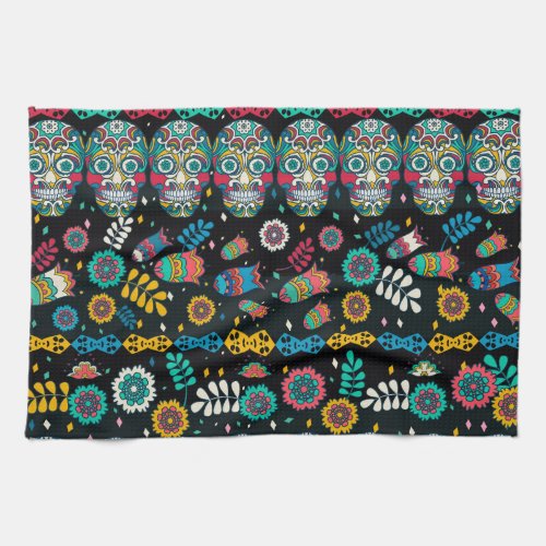 Boho tribal skulls colorful pattern kitchen towel