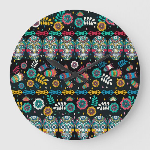 Boho tribal skulls colorful pattern large clock