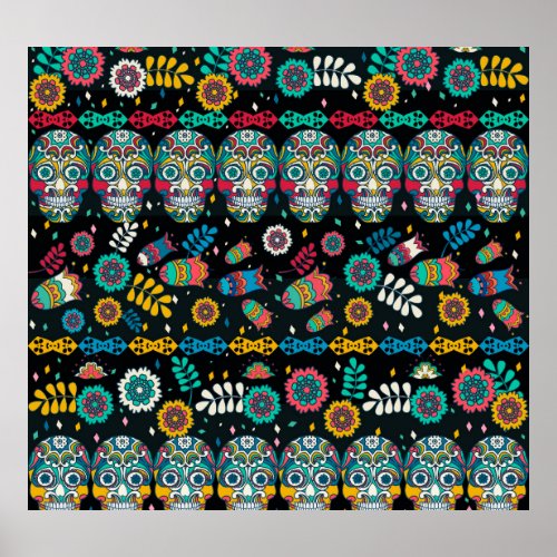 Boho tribal skulls colorful pattern poster
