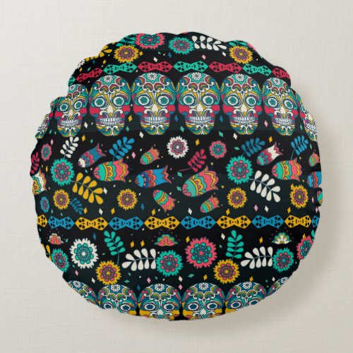 Boho tribal skulls colorful pattern round pillow