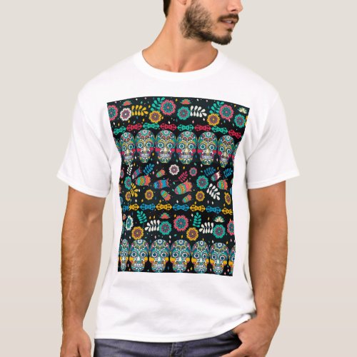 Boho tribal skulls colorful pattern T_Shirt