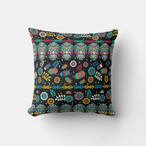Boho tribal skulls colorful pattern throw pillow